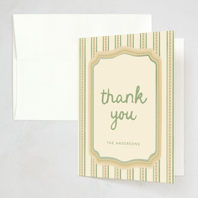"Checkered China" - Party Thank You Cards in Sage by Robert and Stella - Front