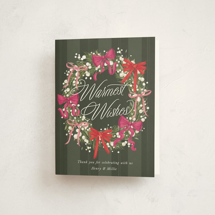 "Bow Wreath" - Party Thank You Cards in Forest by Jackie Crawford - Front