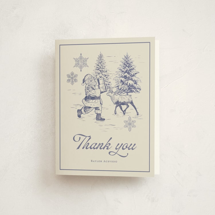 "Classic Toile Christmas" - Party Thank You Cards in Navy by Celine Nguyen - Front