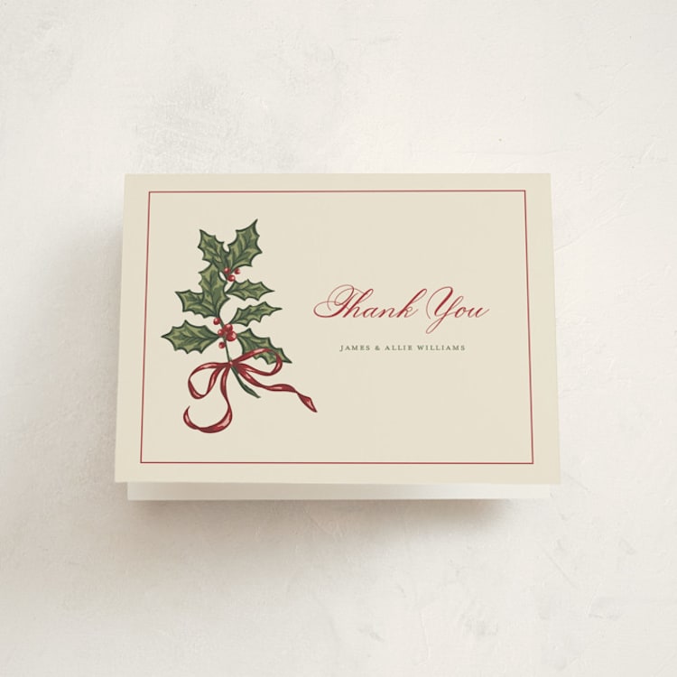"Holly Ribbons" - Party Thank You Cards in Holly Berry by Holton Art and Design - Front