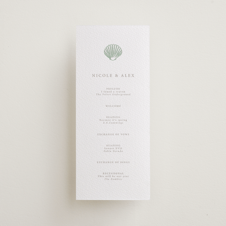"Simple Seashell" - Letterpress Long Programs in Dove Grey by Hannah Bowman - Front