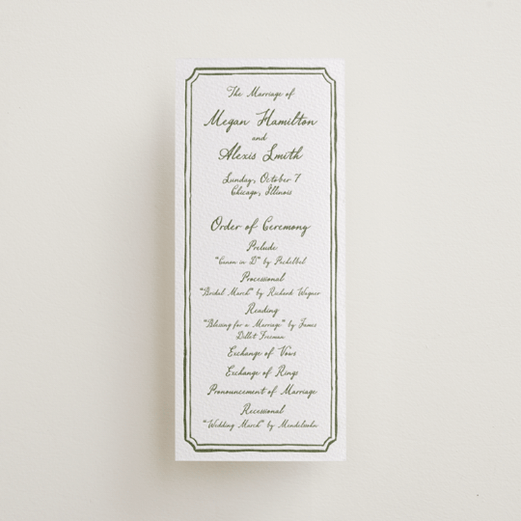 "Handwritten" - Letterpress Long Programs in Artichoke by Cass Loh - Front