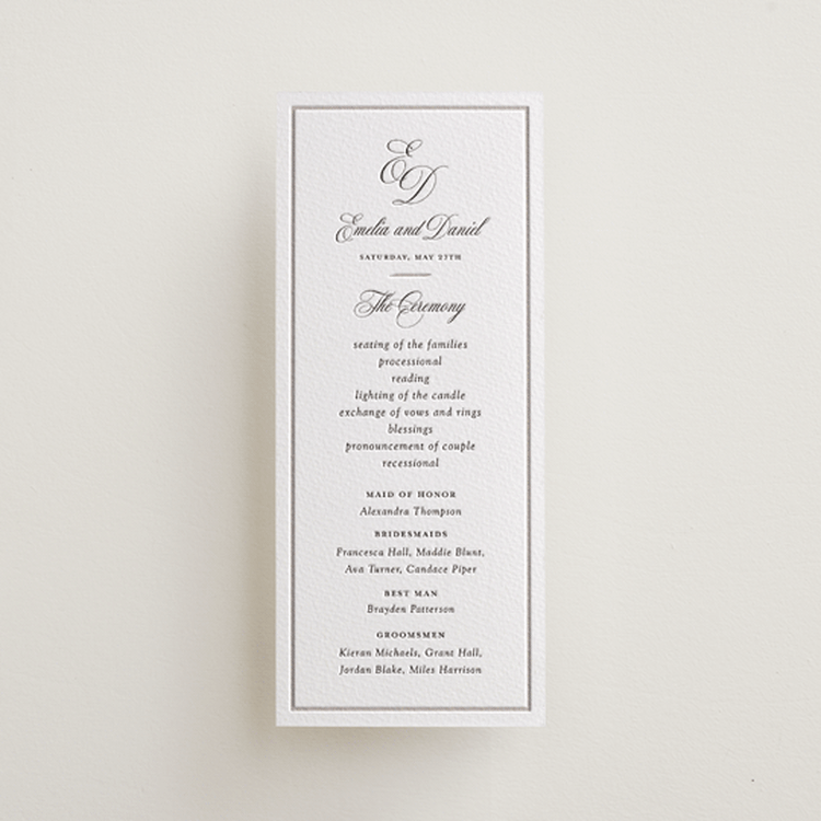 "Royal" - Letterpress Long Programs in Soft Black | Dove Grey by Melinda Denison - Front