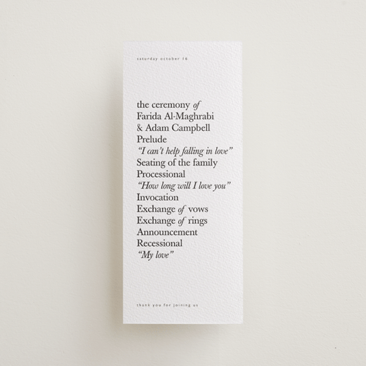 "Westin" - Letterpress Long Programs in Soft Black | Graphite by Hudson meet Rose - Front
