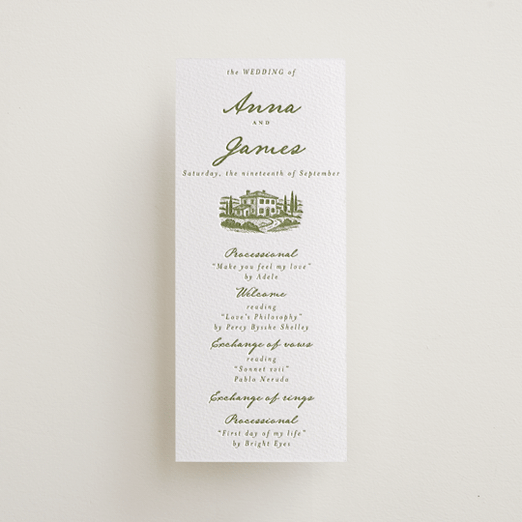 "Villa" - Letterpress Long Programs in Olive by Maja Cunningham - Front