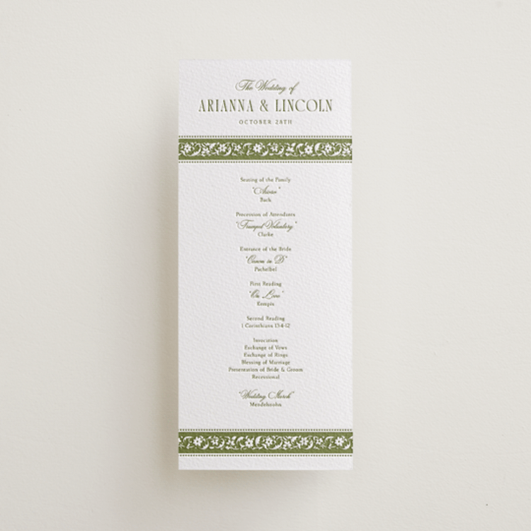 "Darcy" - Letterpress Long Programs in Olive by Robert and Stella - Front