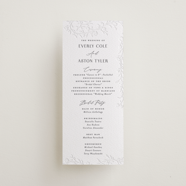 "Delicately" - Letterpress Long Programs in Smoke | Blind Deboss by Nicoletta Savod - Front