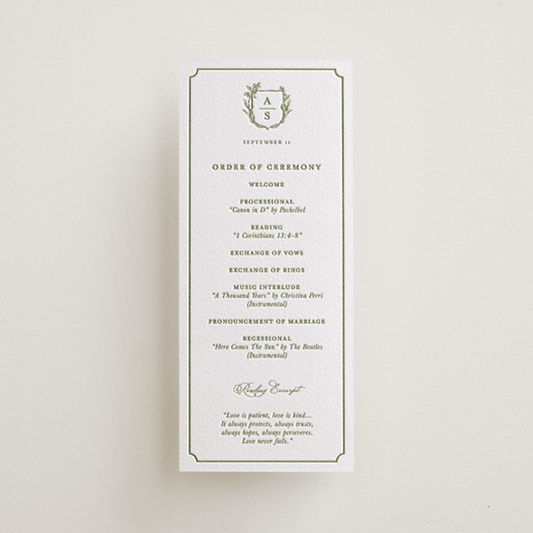 "Botanical Crest" - Letterpress Long Programs in Olive by Lucrecia Caporale - Front