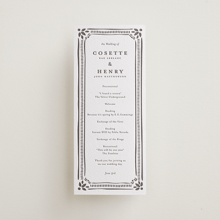 "Cosette" - Letterpress Long Programs in Graphite by Melanie Kosuge - Front