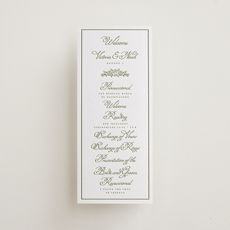 "Crestino" - Letterpress Long Programs in Olive by Petra Kern - Front