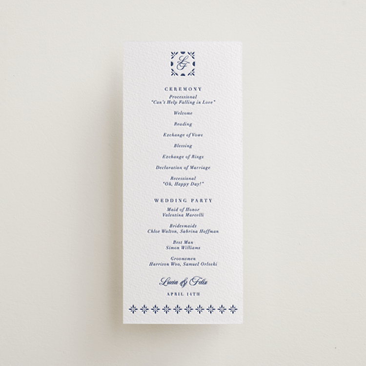 "Talavera Tiles" - Letterpress Long Programs in Lapis by Olivia Raufman - Front