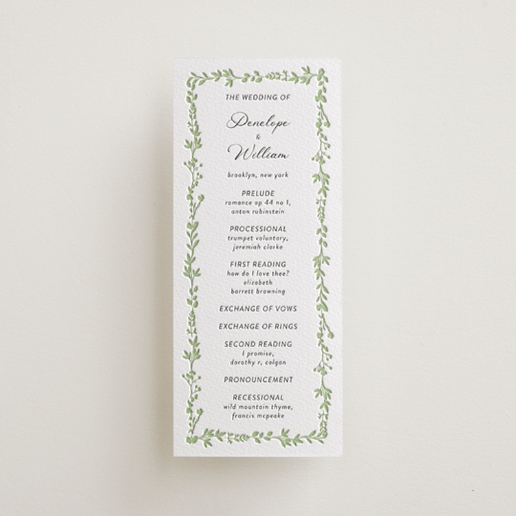 "flower garden" - Letterpress Long Programs in Matcha | Soft Black by Susan Moyal - Front
