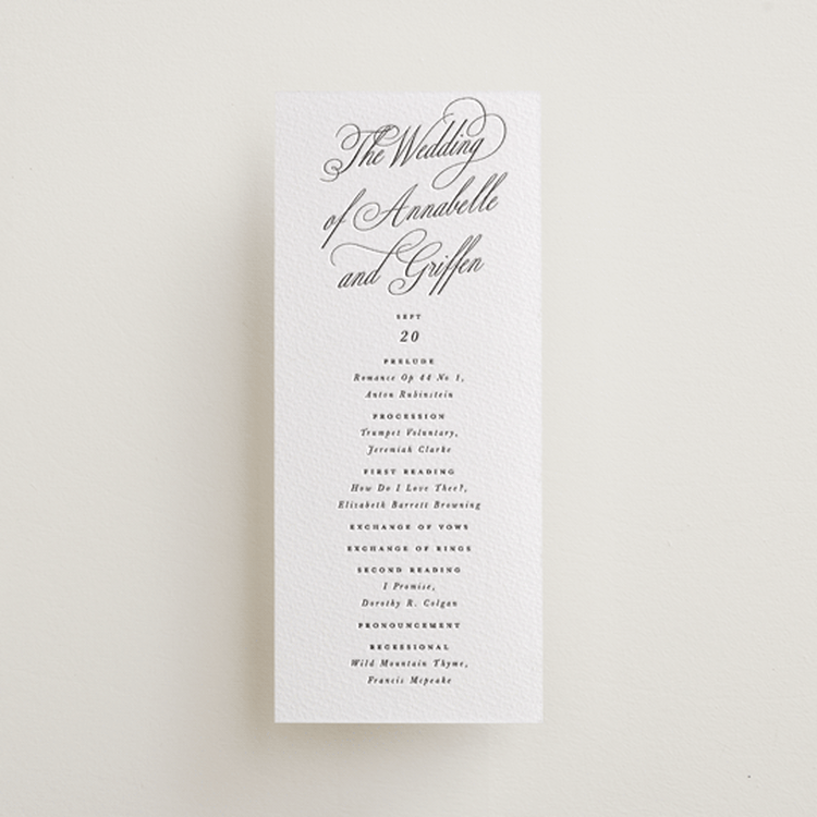 "Romantic Script" - Letterpress Long Programs in Soft Black by Susan Zinader - Front