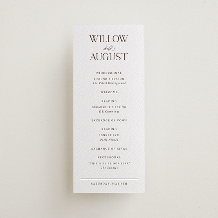 "Willow" - Letterpress Long Programs in Cacao Bean by Snow and Ivy - Front