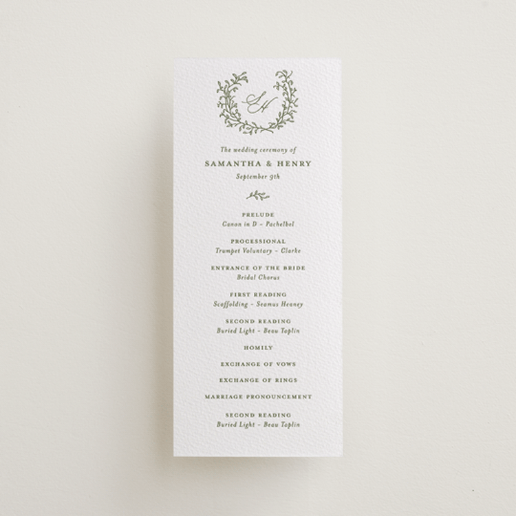 "Garden Script" - Letterpress Long Programs in Artichoke by Katherine Moynagh - Front