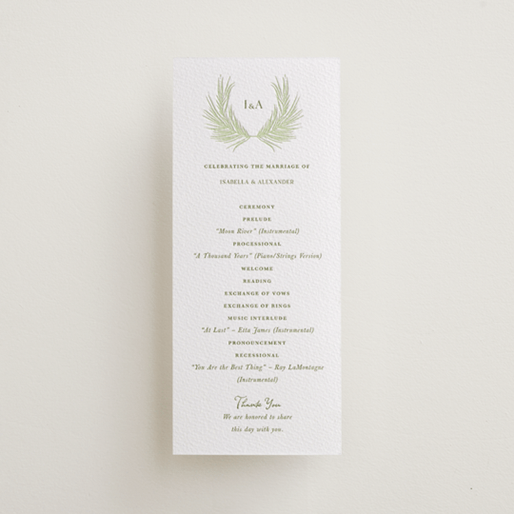 "Shoreline Elegance" - Letterpress Long Programs in Honeydew by Lucrecia Caporale - Front