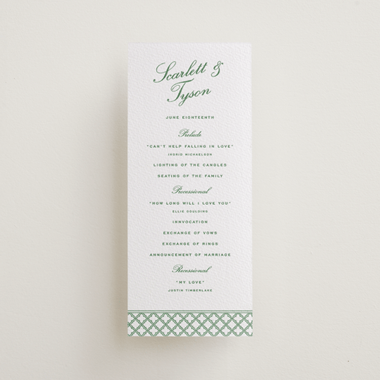 "Garden Trellis" - Letterpress Long Programs in Fern by Angela Garrick - Front