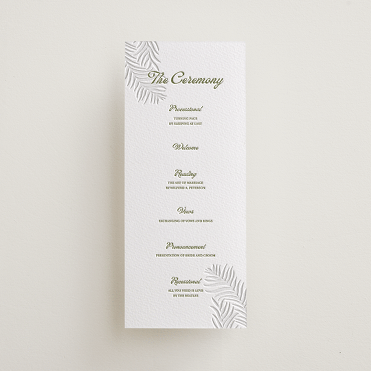 "Palm Shade" - Letterpress Long Programs in Olive | Blind Deboss by Julia Liverton - Front