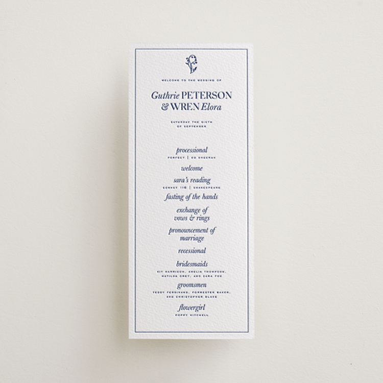 "bluebell dinner" - Letterpress Long Programs in Lapis by Bramble Studio - Front