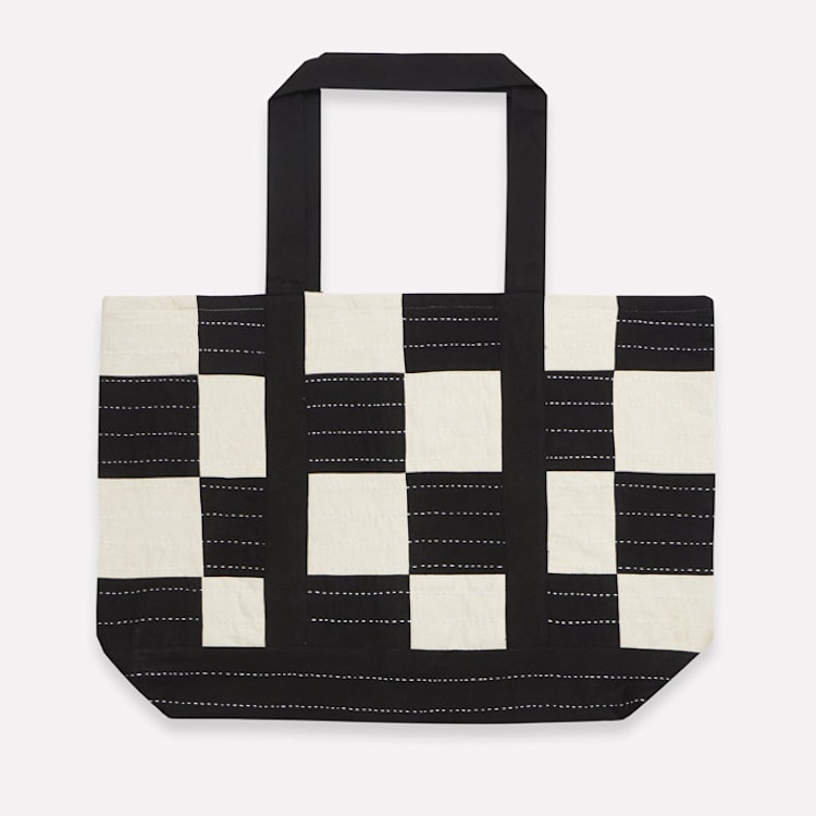 "Checkered Canvas Tote - Charcoal" - Tote Bag in black by Anchal