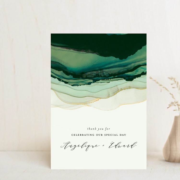 "Flow" - Wedding Thank You Postcards in Emerald by Three Kisses Studio - Front