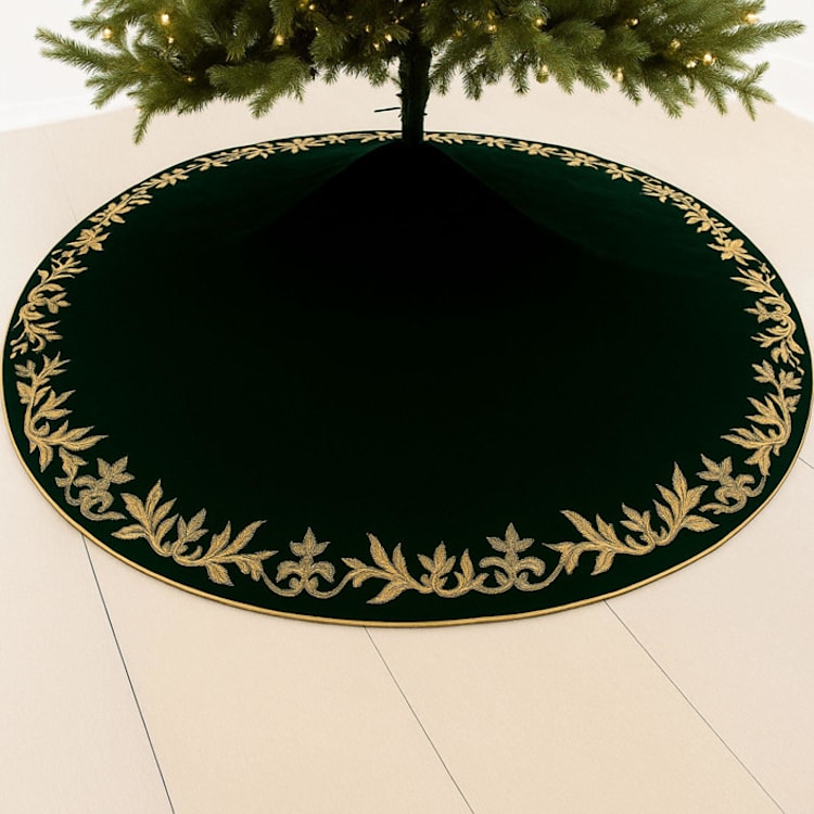 "Standard Size green velvet gold embroidered tree skirt holiday Christmas" - Tree Skirts in green by Courtney Bedi