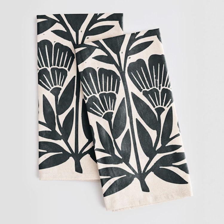 "Block Print Floral" - Tea Towel in Dark Teal by Katharine Watson - Tea Towel Pair