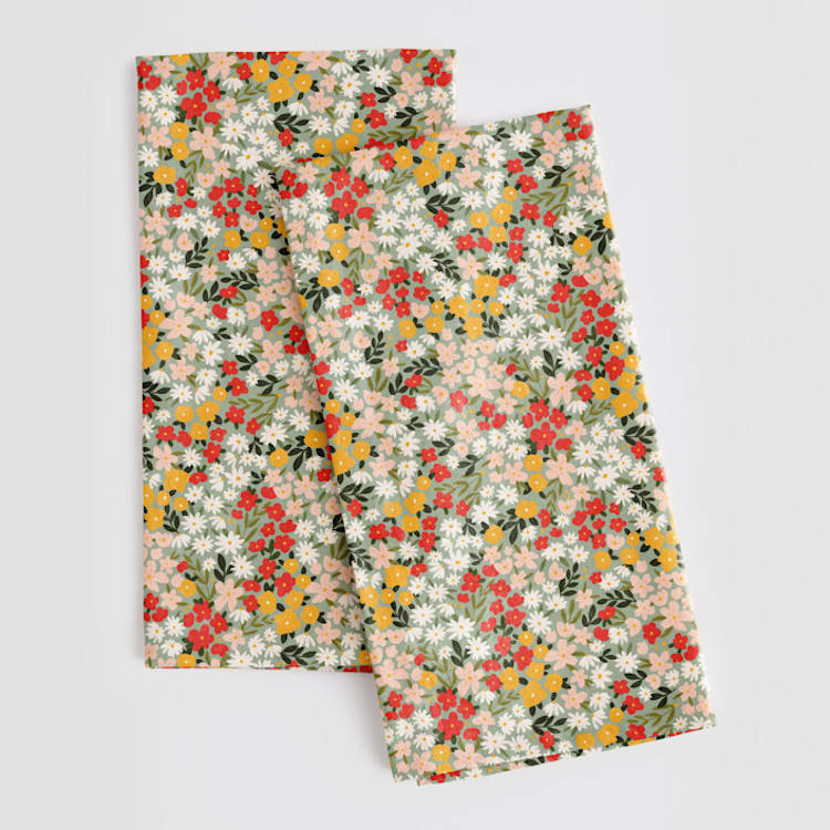 "Field of Florals" - Tea Towel in Scarlet by Kelsey Carlson - Tea Towel Pair