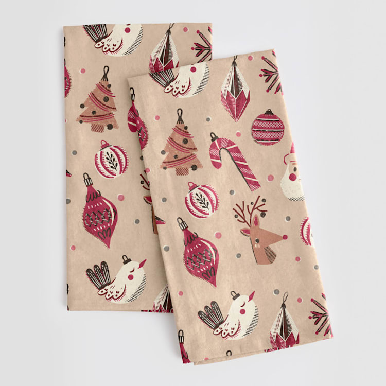 "Retro Ornaments" - Tea Towel in Coral by Vivian Yiwing - Tea Towel Pair