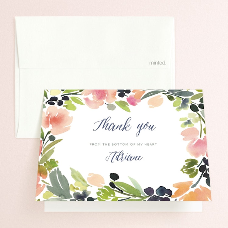 "Watercolor Wreath" - Folded Wedding Thank You Cards in Grapefruit by Yao Cheng Design - Front