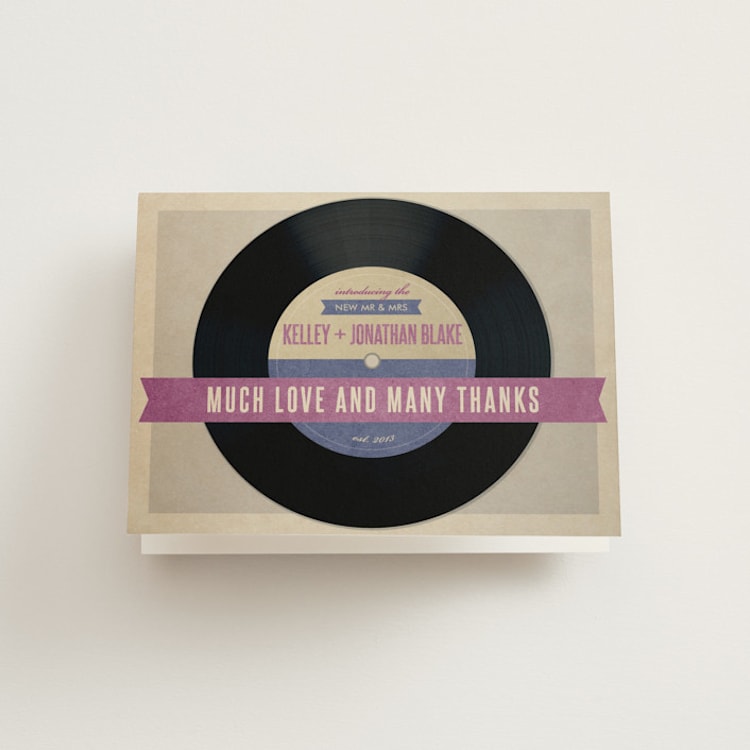"Wedding Vinyl" - Folded Wedding Thank You Cards in Purple Jelly by Dawn Jasper - Front