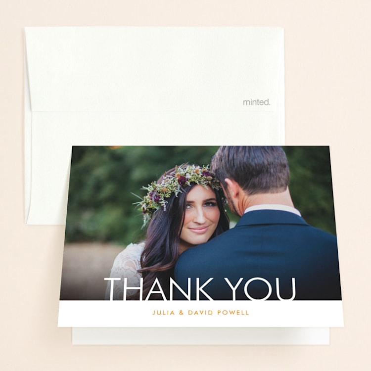 "Minimalist Display" - Folded Wedding Thank You Cards in Orange by Nam Bourassa - Front