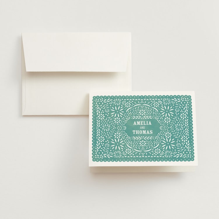 "Fiesta Folk Art" - Folded Wedding Thank You Cards in Lagoon by root beer float - Front