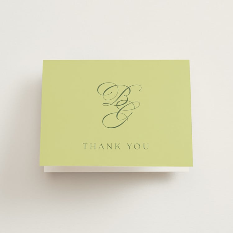 "Carlyle" - Folded Wedding Thank You Cards in Chartreuse by Everett Paper Goods - Front