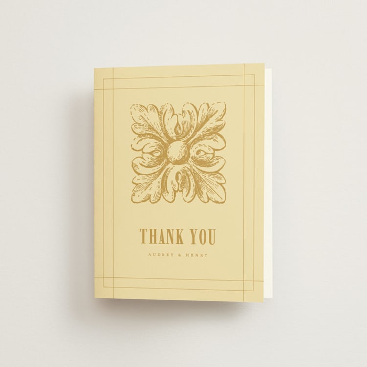 "Vintage Label" - Folded Wedding Thank You Cards in Butter by Nazia Hyder - Front