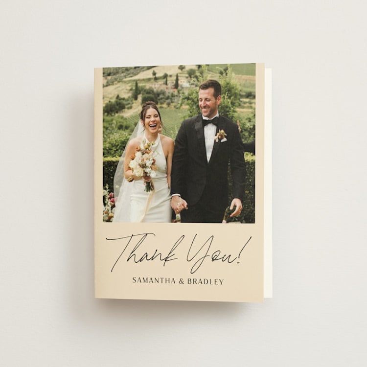 "French Whimsy Script" - Folded Wedding Thank You Cards in Champagne by Wallace Design Co. - Front