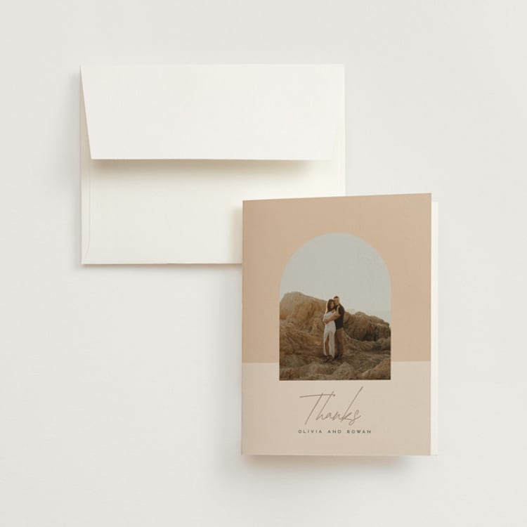 "Sunset Beach" - Folded Wedding Thank You Cards in Sand by Owl and Toad - Front