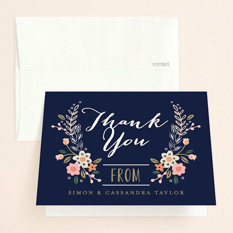 "Wildflower Crest" - Folded Wedding Thank You Cards in Navy by Alethea and Ruth - Front
