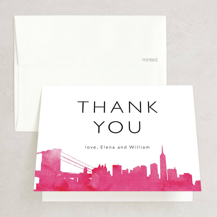 "Skyline -New York" - Folded Wedding Thank You Cards in Magenta by Laura Condouris - Front