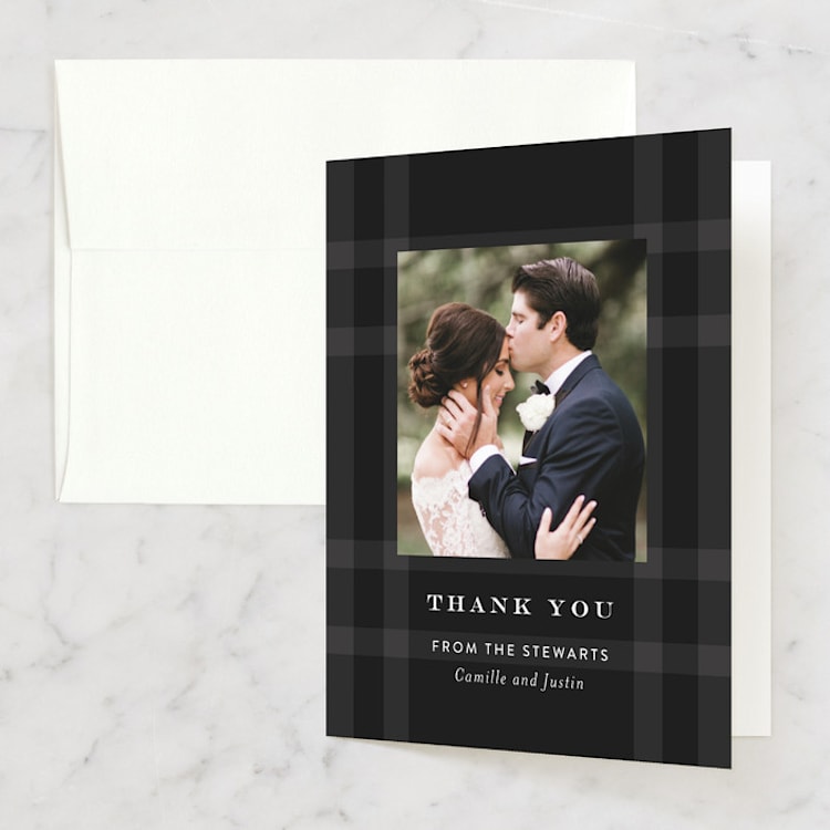 "Wedding Plaid" - Folded Wedding Thank You Cards in Obsidian by Jill Means - Front