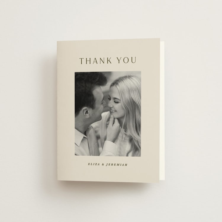 "Blockprint" - Folded Wedding Thank You Cards in Almond by Olivia Kanaley Inman - Front