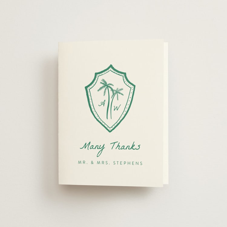 "Palm Tree Crest" - Folded Wedding Thank You Cards in Palm by Erika Firm - Front