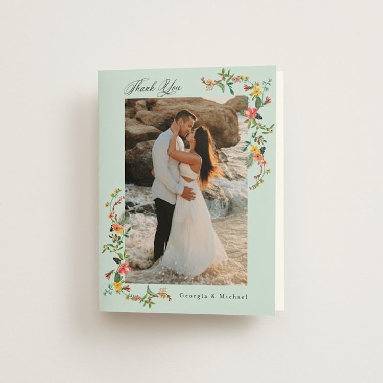 "Tropical Crest" - Folded Wedding Thank You Cards in Papaya by Susan Moyal - Front