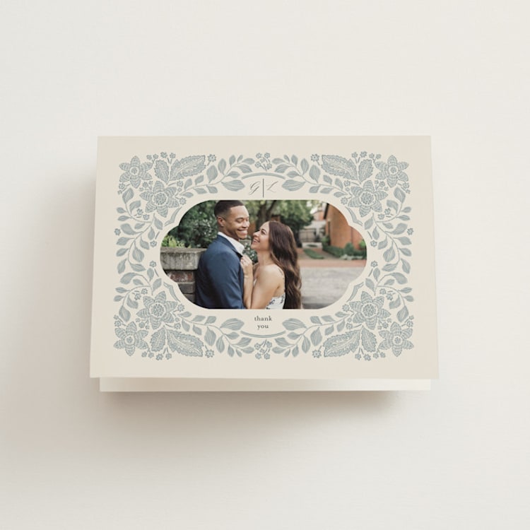 "Embroidered" - Folded Wedding Thank You Cards in Dusty Blue by Jen Owens - Front