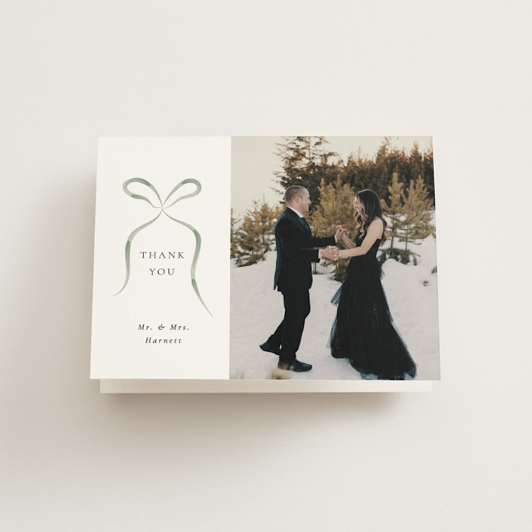 "Bow" - Folded Wedding Thank You Cards in Sage by Corinne Malesic - Front
