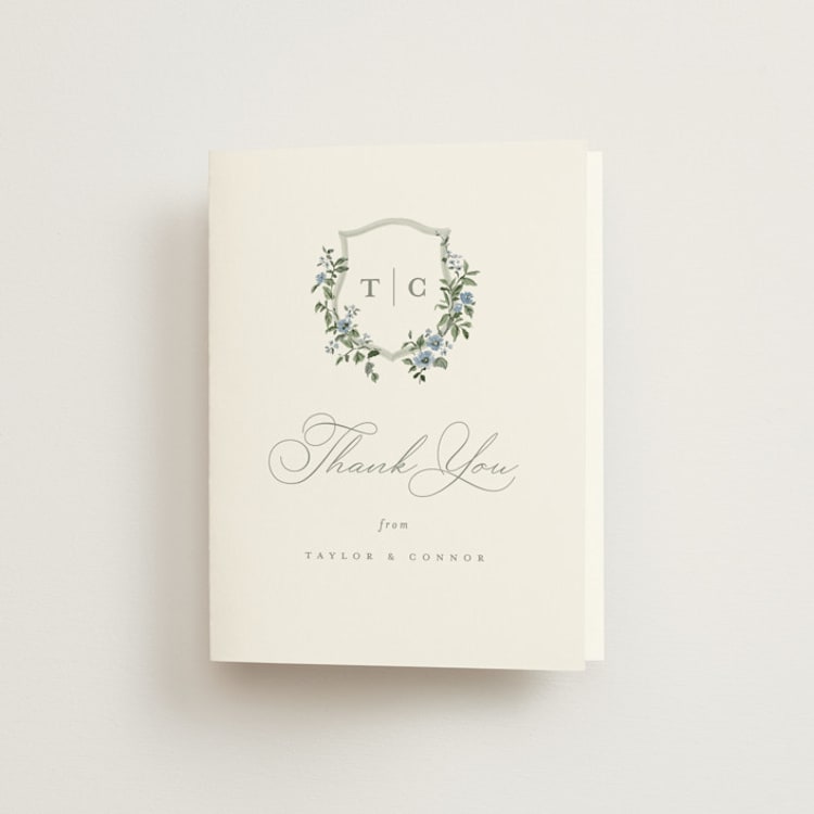 "Foliage Crest" - Folded Wedding Thank You Cards in Sky by Everett Paper Goods - Front