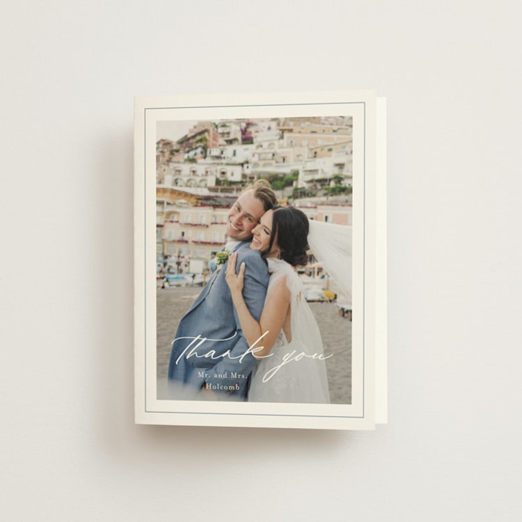 "Modern Air" - Folded Wedding Thank You Cards in Dusty Blue by Stacey Meacham - Front