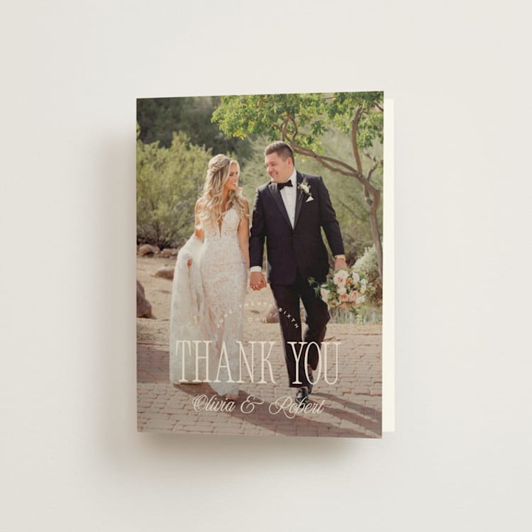 "Riviera" - Folded Wedding Thank You Cards in Linen by Kelly Schmidt - Front