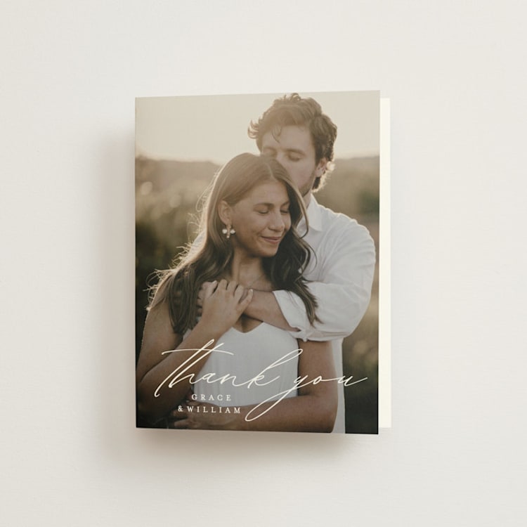 "Delicate Script" - Folded Wedding Thank You Cards in Cotton by Angela Thompson - Front