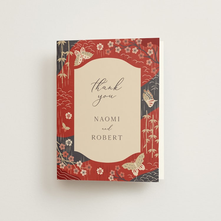 "Japanese Textile" - Folded Wedding Thank You Cards in Rose by Jennifer Holbrook - Front